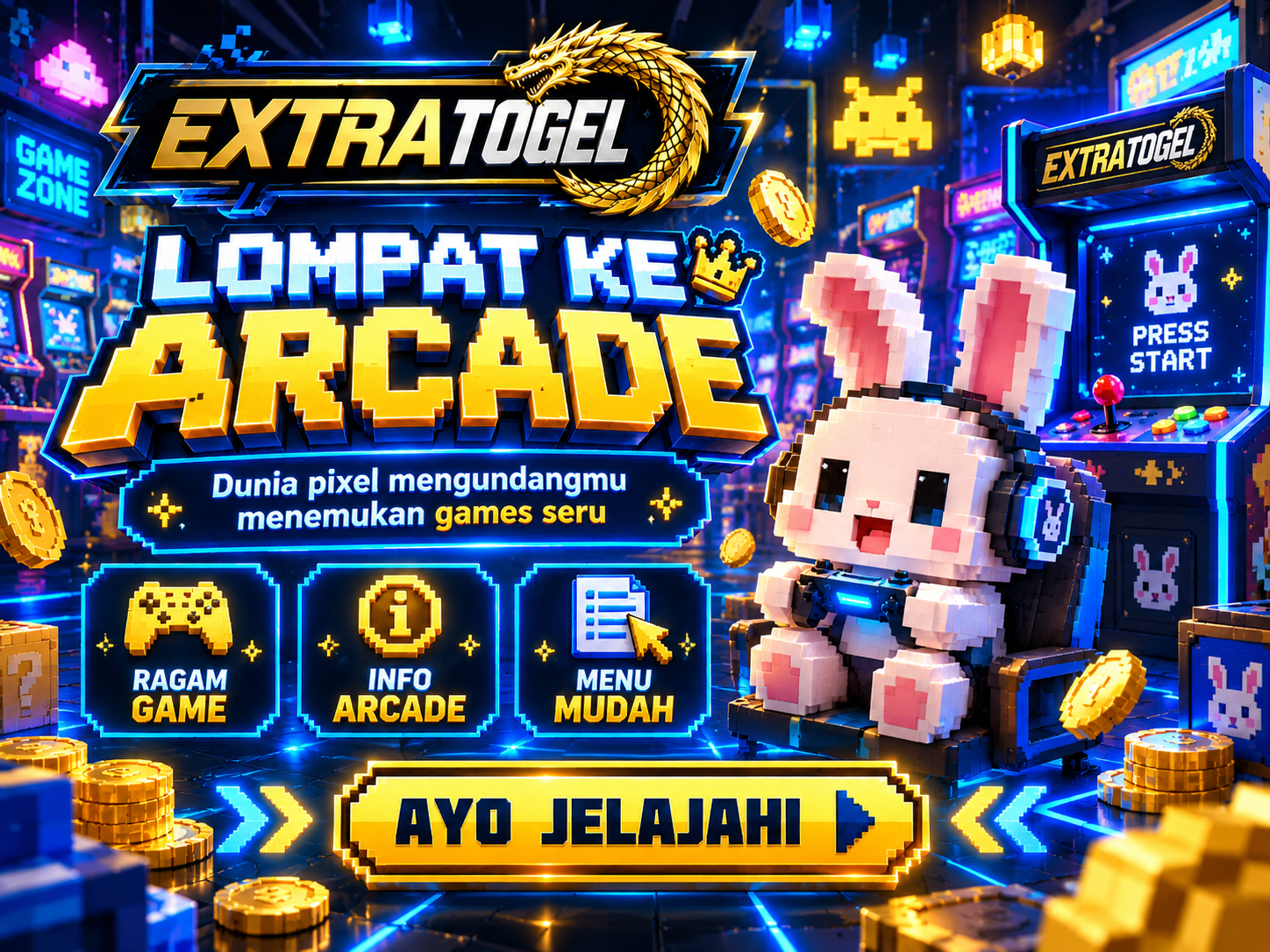 Banner EXTRATOGEL dengan kelinci voxel di ruang arcade pixel biru dan koin emas